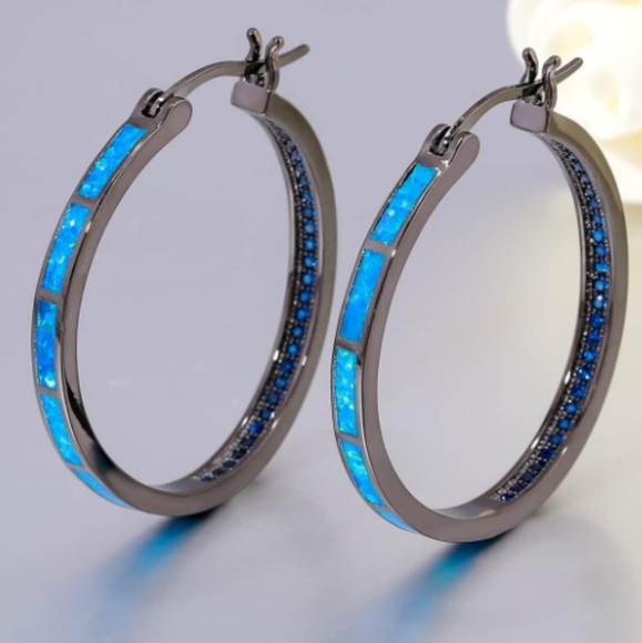 Black and Turquoise Blue Opal Hoop Earrings Hoops Rhinestone Crystal Channel New - Picture 3 of 11